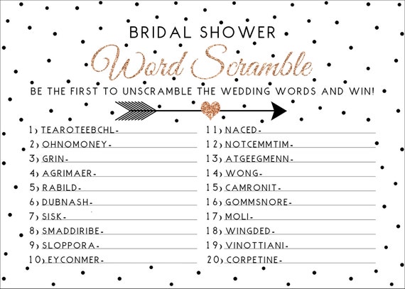 Bridal Shower Word Scramble Bridal Shower Game Rose Gold and