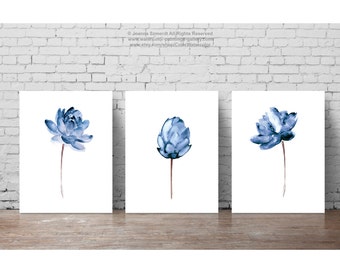Lotus Flower Illustration Water Flowers Print Floral Painting, Abstract Blue Flower Poster, Watercolor Wall Hanging Navy Wall Decor Set of 3