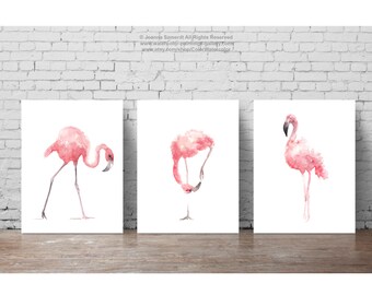 Pink Flamingo Set 3 Art Prints, Flamingoes Whimsical Tropical Artwork, Pink Bird Wall Decor, Flamingos Wall Art Abstract Watercolor Painting