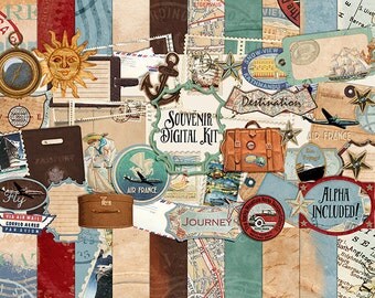 Souvenir Travel Digital Scrapbooking Kit, Vintage Summer, Holiday, Vacation, digital papers, old maps INSTANT DOWNLOAD digital scrapbooking