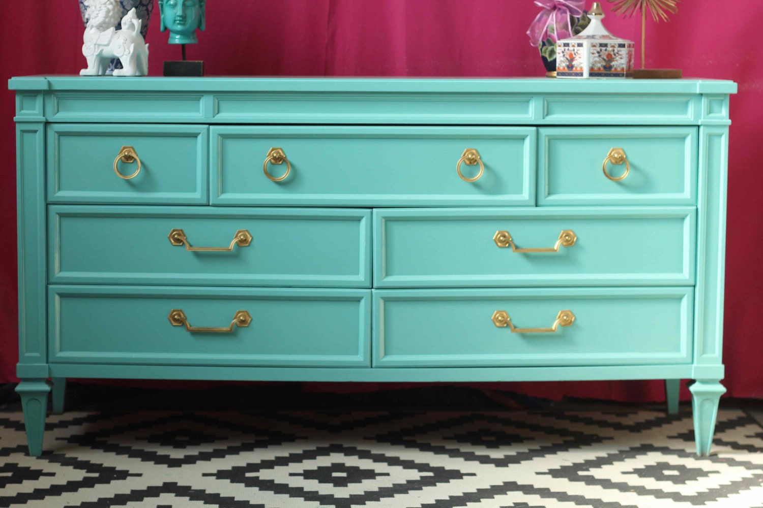 Vintage Refinished Dresser Painted High Gloss Turquoise