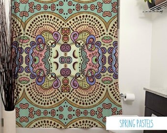 Spring Pastels Shower Curtain. Art Deco Bath Decor, Floral Shower Curtain, Bathroom Decor, Curtain, Abstract Art, Green, Pastels, Whimsical