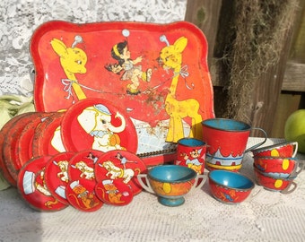 11 pc Antique Tin Litho 3 Little Kittens Tea by W
