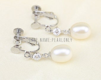 clip earrings,clip pearl earrings for non pierced ear rings,fresh water ivory white clip on pearl earrings,drop pearl earings wedding,
