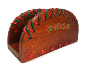 Wood Napkin Holder Handcrafted Vintage Plastic Lacing Thumbtacks Cherry Decals Rustic Kitchen Camping Picnic Decor