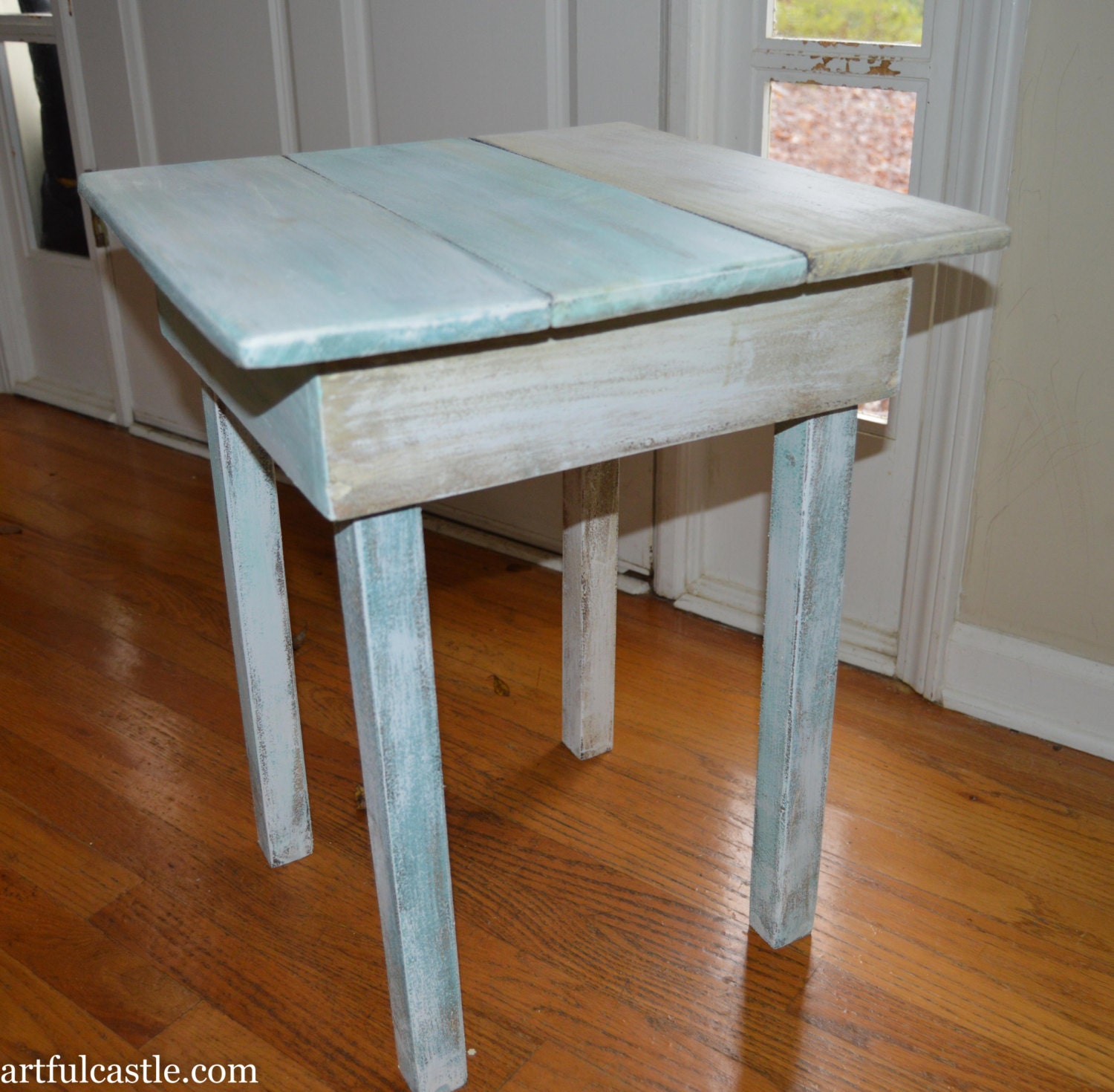 Beachy White Washed Side Table with Subtle Blues and Greens