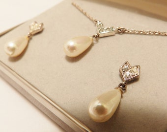 Sterling Silver Faux Pearl and Rhinestone Teardrop Bridal Jewelry Set