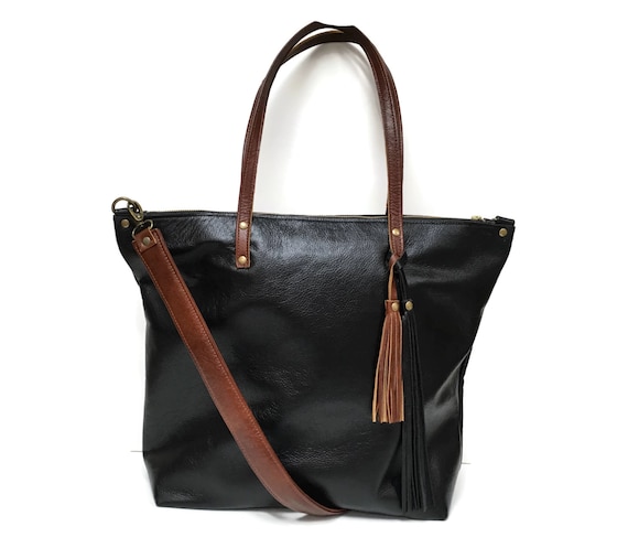 Black and brown leather tote bag with cross by AngelaValentineBags