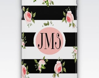iPhone 6s Case, iPhone 6 Plus Case, iPhone 5 Case, iPhone SE Case, iPhone 5c Case, iPhone 7 case, Black & White Stripes Floral Monogram Case