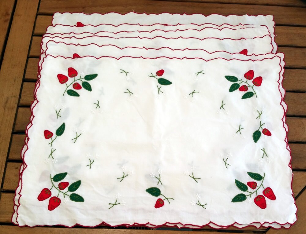 Vintage Embroidered Placemats Strawberry Design Vintage