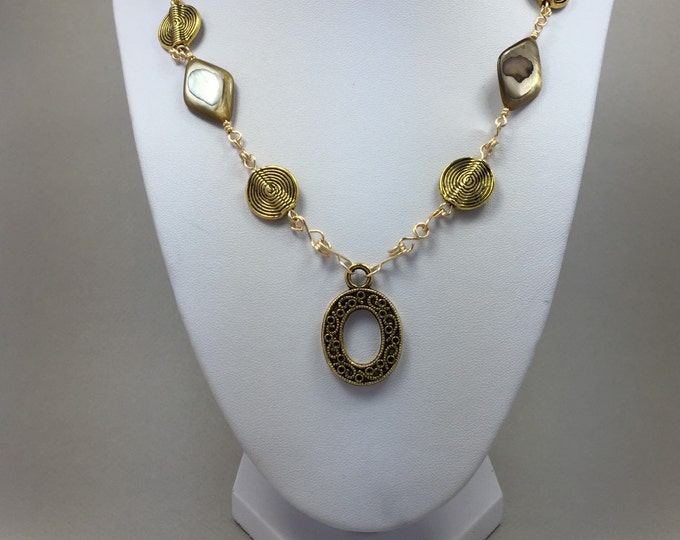 Gold mother pearl shell wire wrapping necklace, gold shell wire wrapping jewelry, gold necklace, wire wrapping necklace