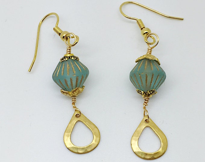 Light blue earrings, Light blue Czech gold earrings. long light blue Czech jewelry