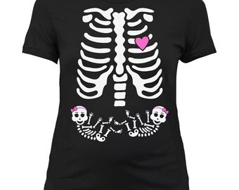Twin Pregnant Skeleton Shirt Pregnancy Halloween Costume Maternity Skeleton T Shirt Twin Girls Skeleton Pregnancy Shirt Ladies TM-37