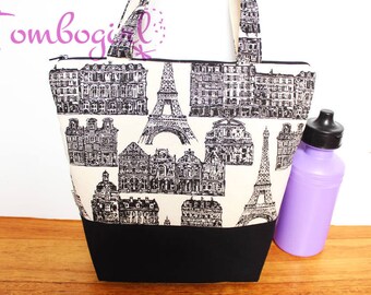 Insulated Lunch Bag / lunch Tote, Australian made, zipped, waterproof lining – Large, Paris B/W