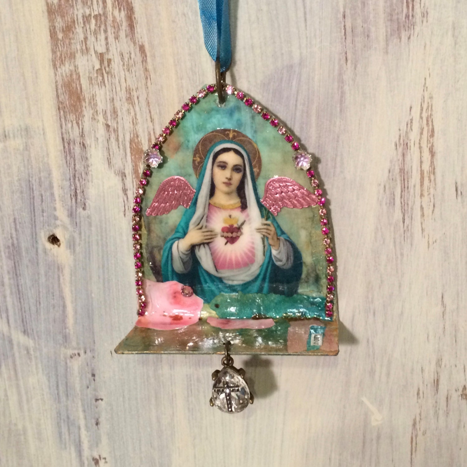 Virgin Mary metal shrine mixed media shrine Blessed Mother