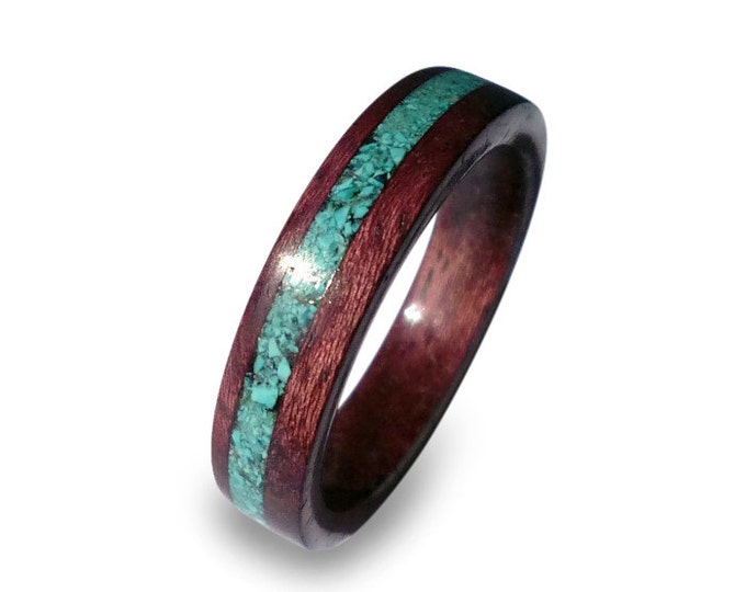 Purple Heart Ring, Women's Amaranth Wood Ring with Turquoise Inlay