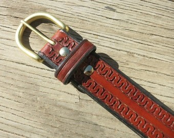 Hand-Tooled Leather Belt Made From Thick Saddle Leather With Solid Brass Buckle. Size 38, 1-1/2" Wide.