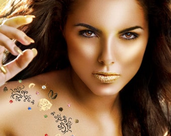 Addttoo Adult Luxury Instant Waterproof Body Art Kit Gold Rose Black Swirls Temporary Party Tattoo Rainbow Assorted Swarovski® Crystals D69