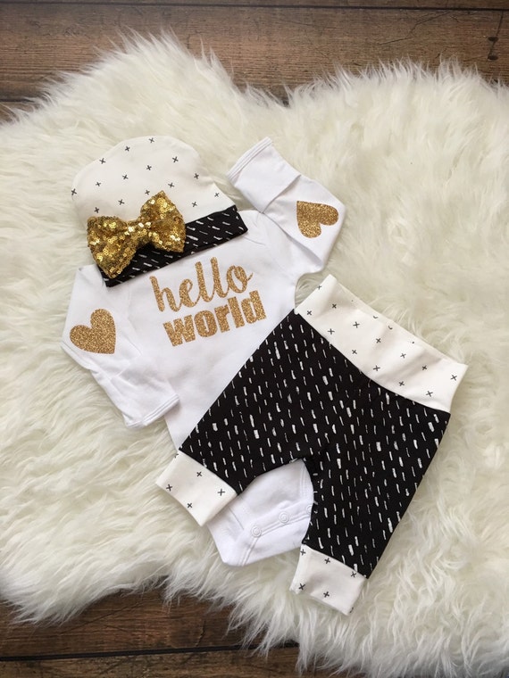 Newborn Baby coming home outfit Hello World Gold GLITTER chalk and xs theme - going home set hello world baby shower gift coming home