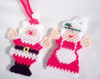 Sale Christmas Ornaments Santa Clause and Mrs Clause Set of Four Plastic Canvas