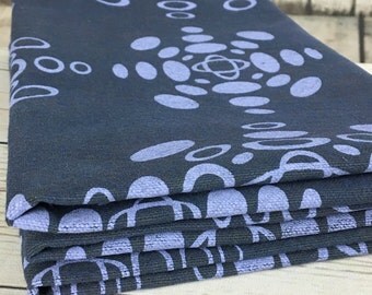 Heavy cotton canvas 9.5oz hand dyed dark blue hand printed with ellipse pattern in lilac, cotton fabric panels
