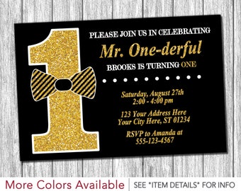 Mr. ONEderful Birthday Invitation - Mr One-derful Tuxedo Birthday Invitations - Black and Gold First Birthday Invite