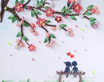3D Original and Unique Quilling Art: Their Love Story Began "Under the Tree of Luck" Colourful Paper Art Wall Art