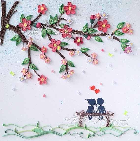 Arte Quilling 3D Original y único: su historia de amor comenzó "bajo el árbol de la suerte" papel colorido arte pared arte