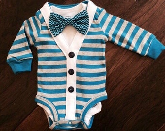Preppy Baby Boy Cardigan, Onesie + Bow Tie Set