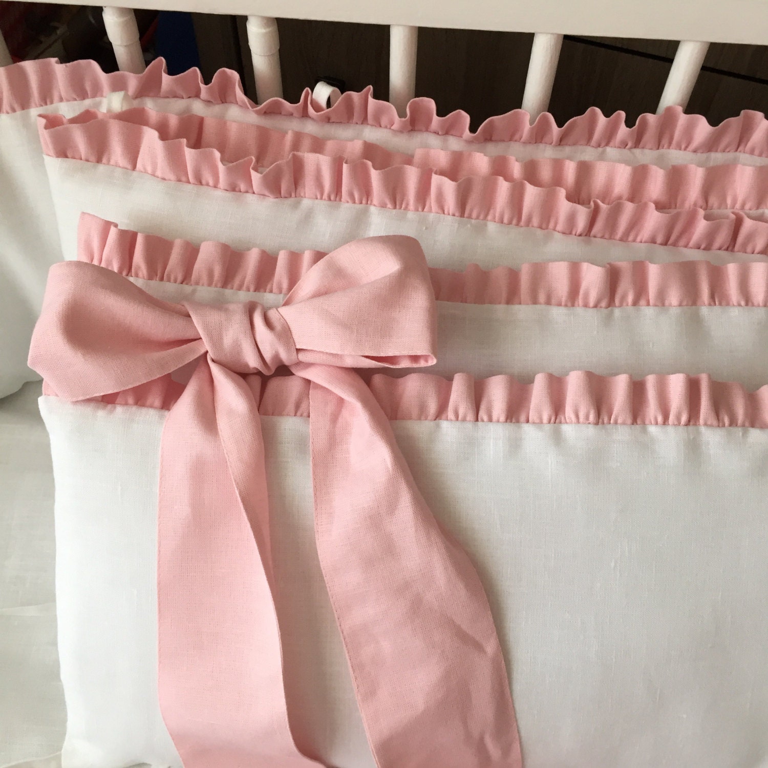 Snow white bumper with baby pink bows and ruffle /// Crib