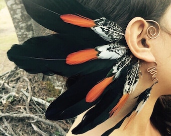 Feather ear cuff, ear wrap, tribal ear cuff, feather ear wrap, ear cuffs, burning man, boho earrings, natural feathers, tribal earrings gift