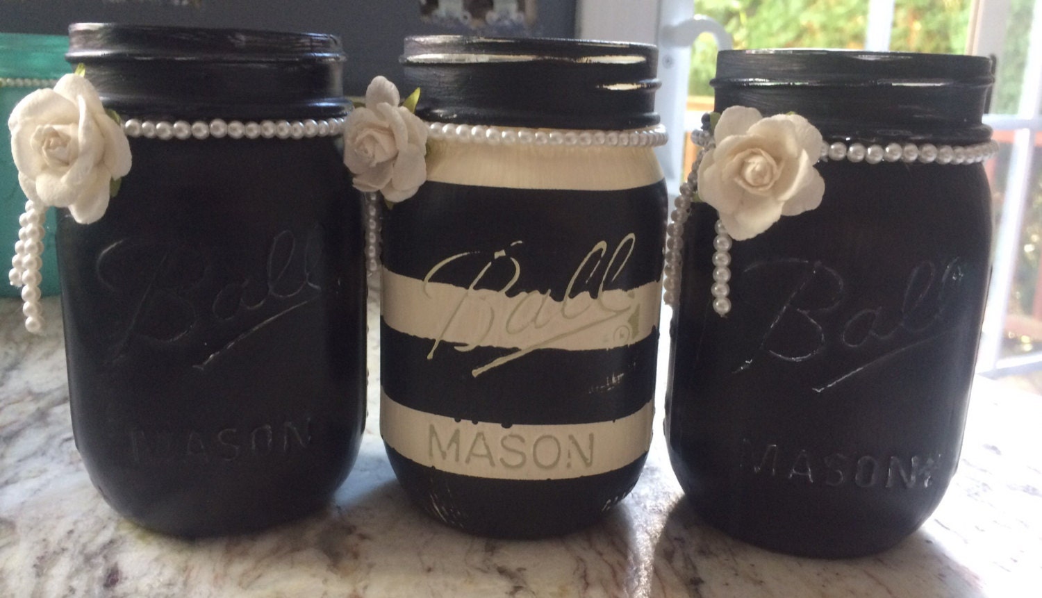 Black Painted Mason Jars. Set includes 2 pint size black and 1