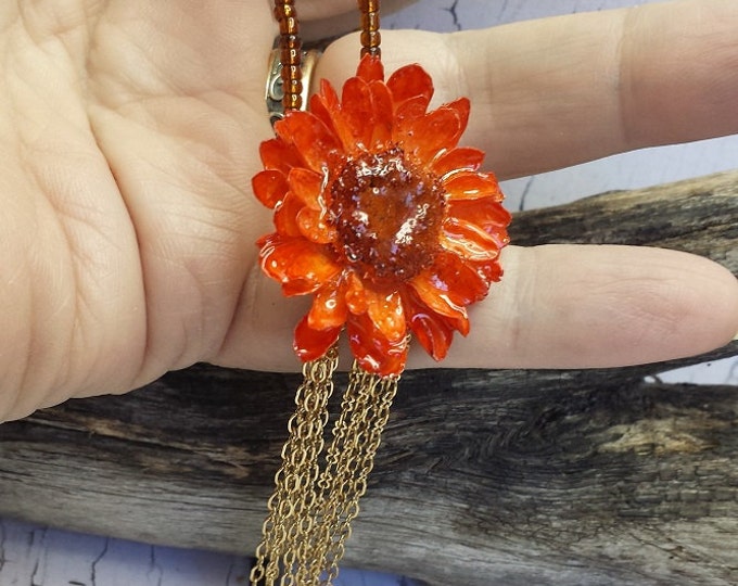 Long Bead Necklace With Tassel ~ Fall Jewelry Trends ~ Bright Orange & Brown Real Plant Jewelry, Everyday Jewelry, Autumn Statement Necklace