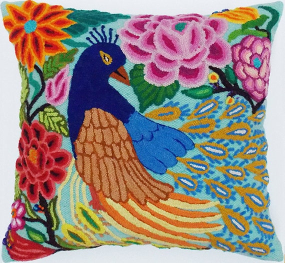 SALE PILLOW Peacock Rose Motif Wool Embroidered Pillow Front