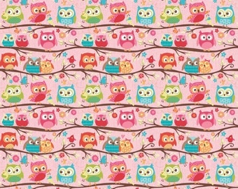 Happy Flappers pink owl stretch knit fabric by Riley Blake Designs pink green blue owl novelty stretch knit fabric owls on pink fabric