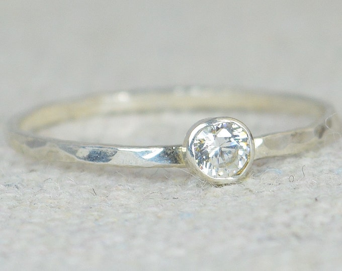Dainty CZ Diamond Ring, Thin Mothers Ring, Hammered Silver,Stackable Rings,Mother's Ring, April Birthstone, Skinny Ring, Silver