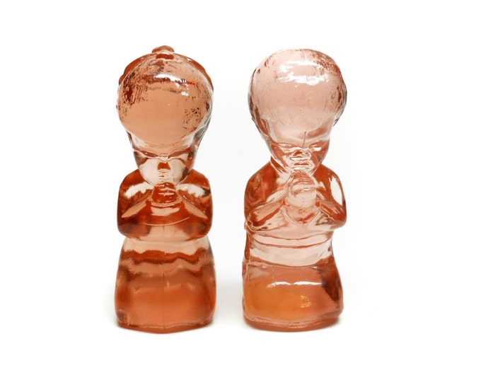Storewide 25% Off SALE Vintage Boy & Girl Bedside Prayer Fenton Art Glass Complimentary Figurines Featuring Translucent Salmon Colored Glass