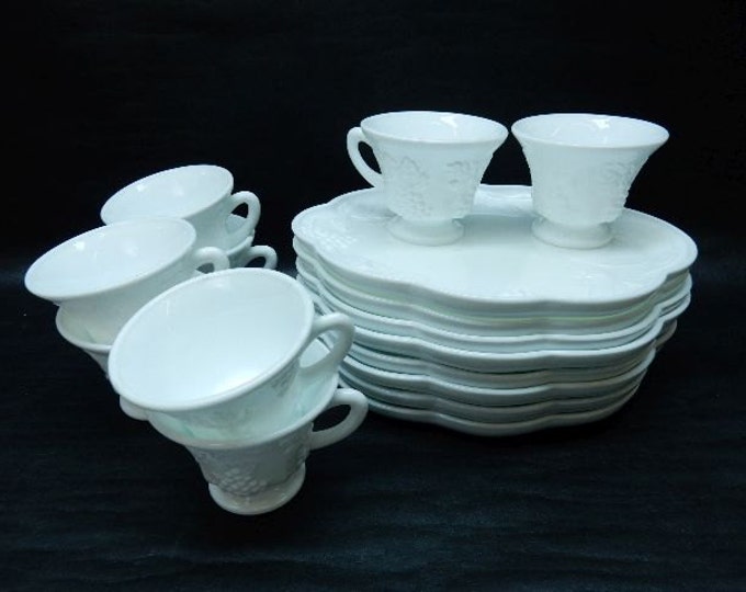 Storewide 25% Off SALE Vintage Westmoreland White Milk Glass Dessert Tableware Service For 8 Featuring Raised Grape Pattern Design