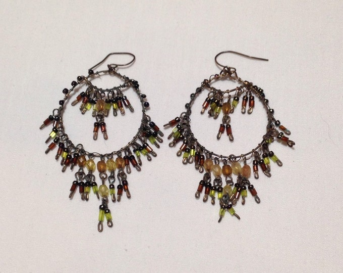 Storewide 25% Off SALE Vintage Beaded Chandelier Hoop Earrings Featuring Earth Tone Segmented Beads With Wire Frame Design