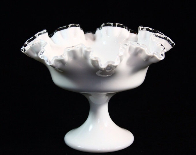 Storewide 25% Off SALE Vintage Fenton Silver Crested White Milk Glass Compote Featuring Classical Ruffled Fan Design