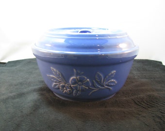 Blue floral embossed bowl with lid, Vintage