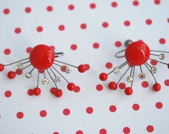 Vintage 1950s SPUTNIK Inspired Design Earrings Red Stones White Rhinestones Vintage Costume Earrings Jewelry