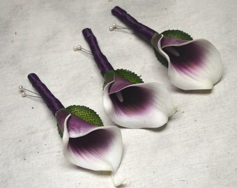 Purple Picasso calla Lily Boutonniere Real Touch Flowers Silk Wedding Flowers Package