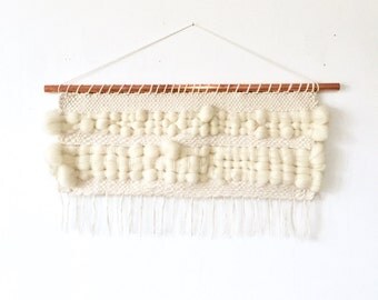 Wall hanging, woven wall hanging, copper dowel, weaving wall hanging, cream and natural white, 24.75" x 18.25".#79