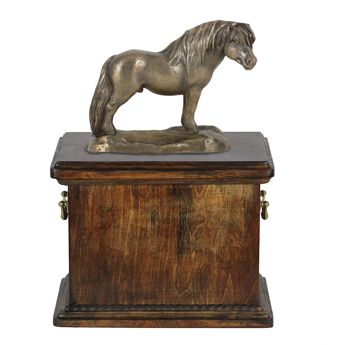 Urn for horse ashes with a standing statue Shetland pony