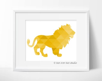 Yellow Lion Print, Triangle Geometric Wall Art, Safari Nursery, Playroom Decor