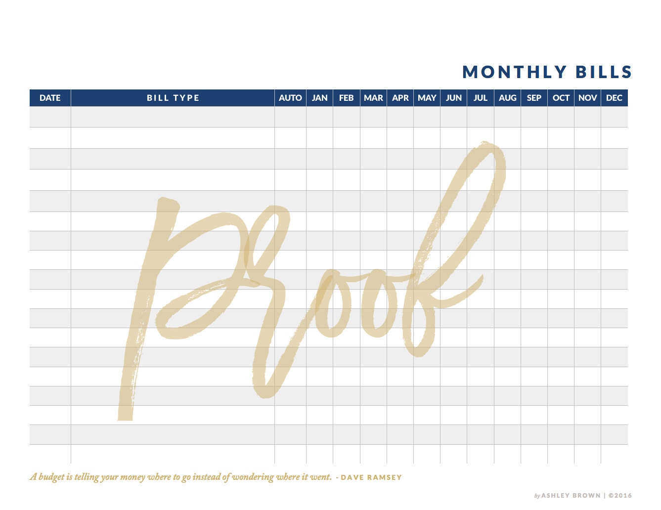 Monthly Bills Worksheet / Instant Download by AshleyBrownShop