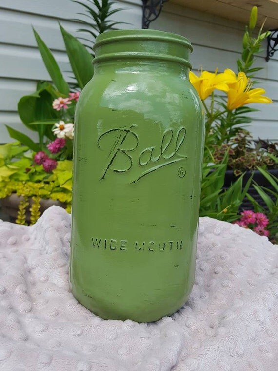 Mason Jar Half Gallon Size Basil Green distressed