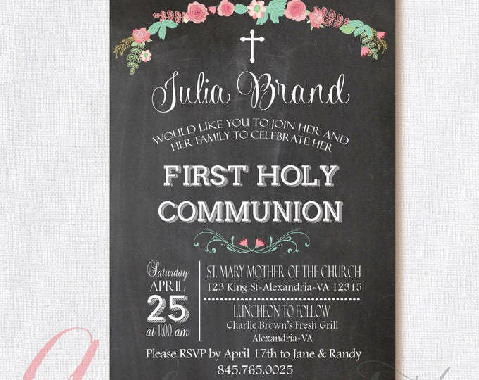 Chalkboard invitation. First Communion Invitation. First Holy Communion. Printable Party invitation. Chalkboard First Communion invitation.