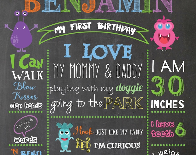 First Birthday Chalkboard Poster . Chalkboard Boy or Girl Poster. Little monsters poster. Monsters sign. Printable Birthday Poster